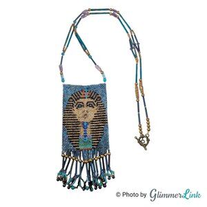Hand Beaded Egyptian Pharaoh Seed Bead Fringe Pouch Necklace